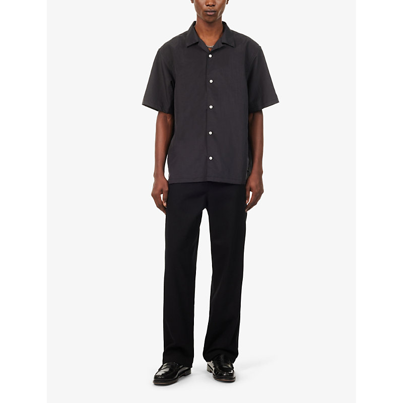 Shop Highsnobiety Mens Black Camp-collar Brand-patch Woven Shirt