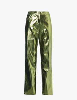 Shop Amy Lynn Women's Khaki Metallic Straight-leg High-rise Faux-leather Trousers