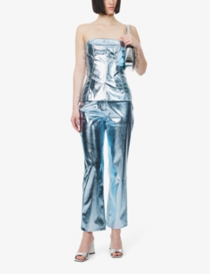 Shop Amy Lynn Women's Arctic Blue Metallic Straight-leg High-rise Faux-leather Trousers