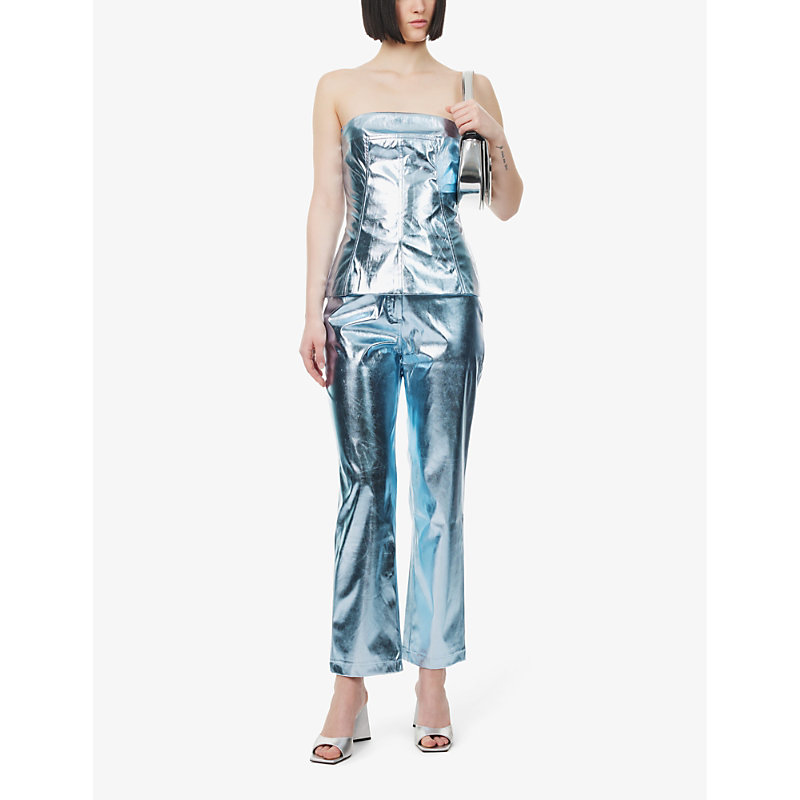 Shop Amy Lynn Metallic Straight-leg High-rise Faux-leather Trousers In Arctic Blue