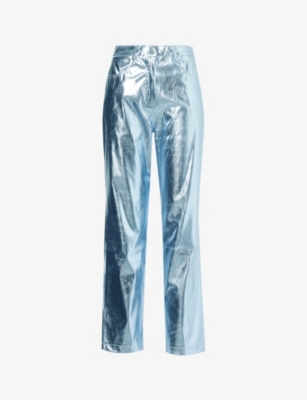 Amy Lynn Womens Arctic Blue Metallic Straight-leg High-rise Faux-leather Trousers In Ice Blue
