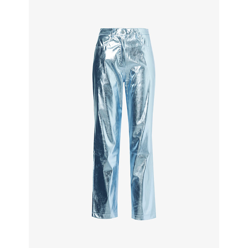 Amy Lynn Womens Arctic Blue Metallic Straight-leg High-rise Faux-leather Trousers In Ice Blue