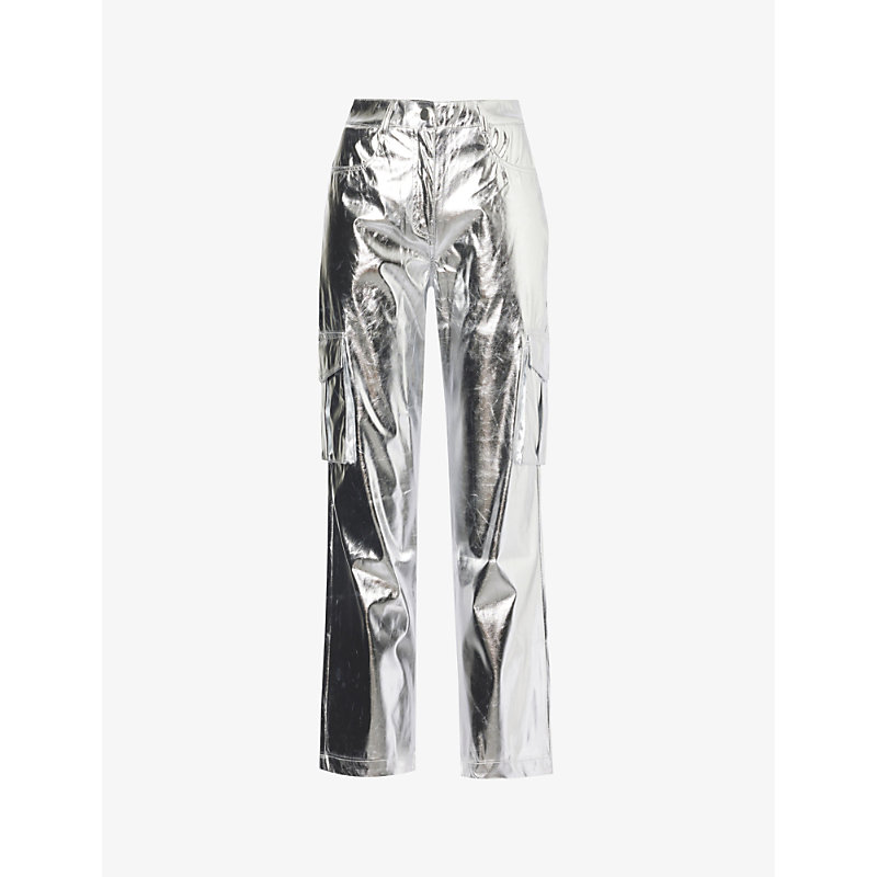 Shop Amy Lynn Womens Silver Utility Metallic Faux-leather Trousers