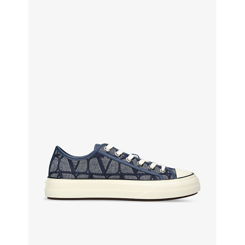 Shop Valentino Vlogo-print Low-top Woven Trainers In Blue/drk.c