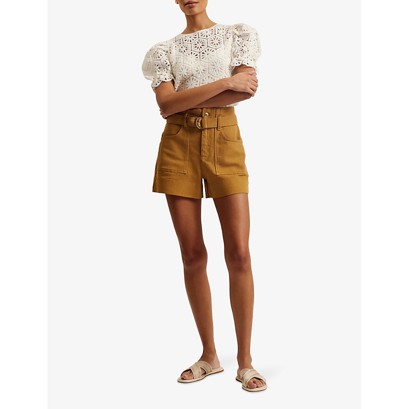 Shop Ted Baker Women's Brown Selda Belted-waist High-rise Stretch-cotton Shorts