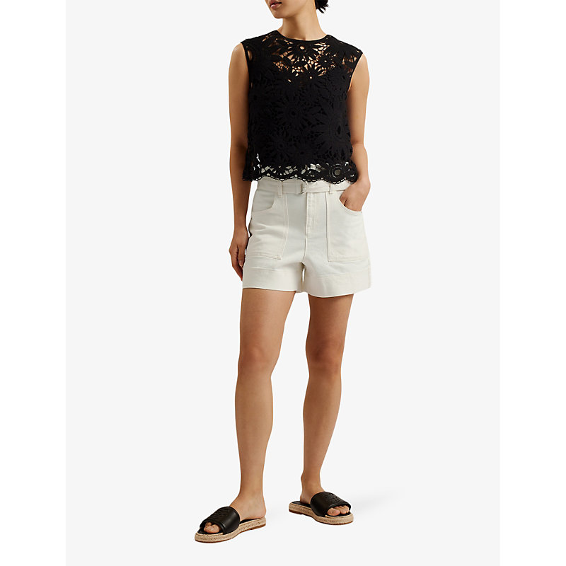 Shop Ted Baker Selda Belted-waist High-rise Stretch-cotton Shorts In White