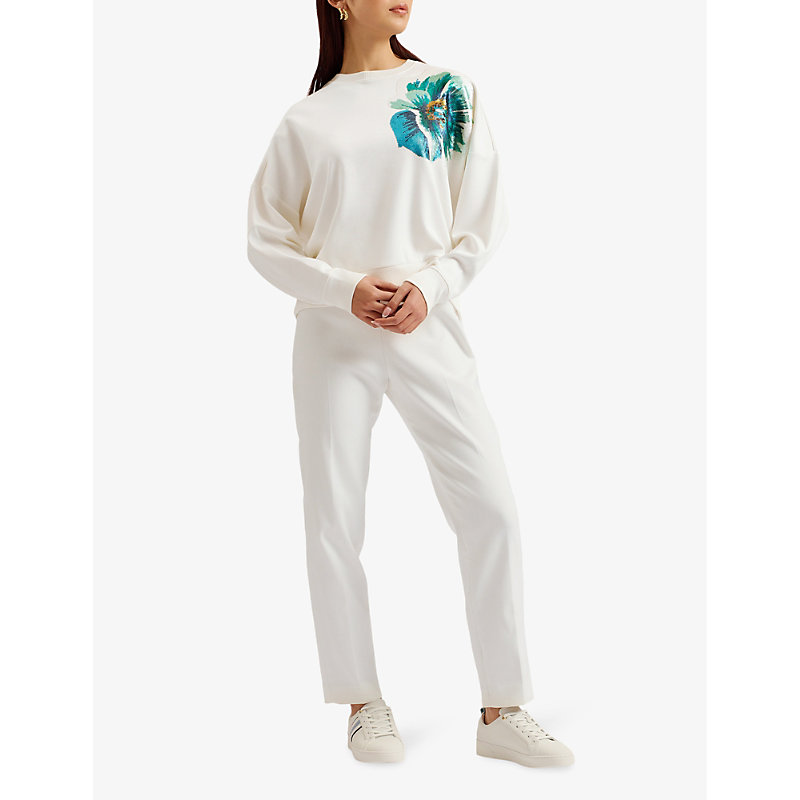 Shop Ted Baker Women's White Bayleyy Sequin-flower Embellishment Stretch-jersey Sweatshirt