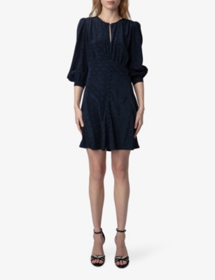 Shop Zadig & Voltaire Zadig&voltaire Womens Encre Rhodri Jacquard-wing Long-sleeve Silk Mini Dress