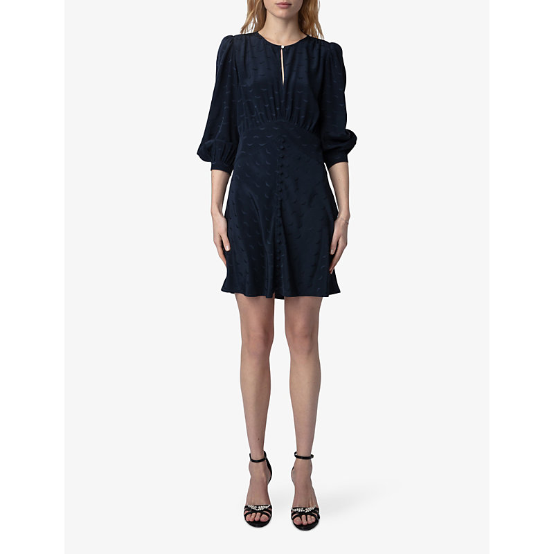 Shop Zadig & Voltaire Zadig&voltaire Women's Encre Rhodri Jacquard-wing Long-sleeve Silk Mini Dress