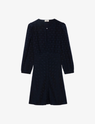 Shop Zadig & Voltaire Zadig&voltaire Womens Encre Rhodri Jacquard-wing Long-sleeve Silk Mini Dress