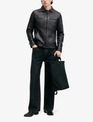 ALLSAINTS MENS BLACK LUCK REGULAR-FIT LEATHER JACKET XXL 