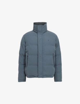 Shop Allsaints Mens Novern Funnel-neck Regular-fit Reversible Shell Puffer Jacket Ashy Blue/grey