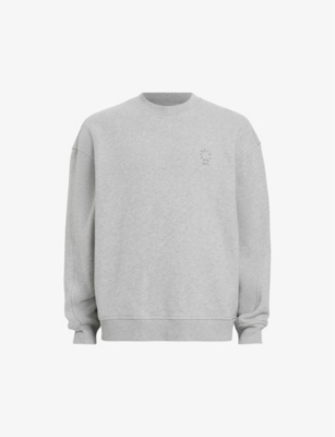 Shop Allsaints Mens  Haven Embroidered-logo Oversized Organic-cotton Sweatshirt In Grey Marl