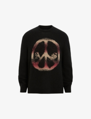 Shop Allsaints Mens Peace Jacquard Oversized Wool-blend Knitted Jumper Black