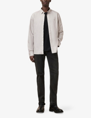 Allsaints Mens Hawthorne Logo-embroidered Slim-fit Stretch Organic-cotton Shirt Cloudy Grey In Cloudy Grey