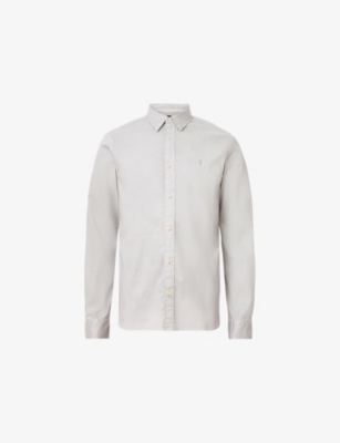 Allsaints Mens Hawthorne Logo-embroidered Slim-fit Stretch Organic-cotton Shirt Cloudy Grey In Cloudy Grey