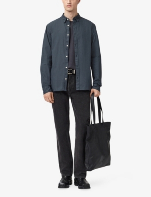 Allsaints Mens Sunil Blue Hawthorne Logo-embroidered Slim-fit Stretch Cotton Shirt Xs In Gray