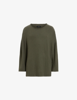 ALLSAINTS MENS NEO GREEN SEARS CREW-NECK LONG-SLEEVE ORGANIC-COTTON T-SHIRT