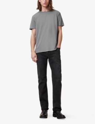 Allsaints Mens  Bodega Raw-edge Short-sleeve Stretch Organic-cotton T-shirt In Fossil Grey