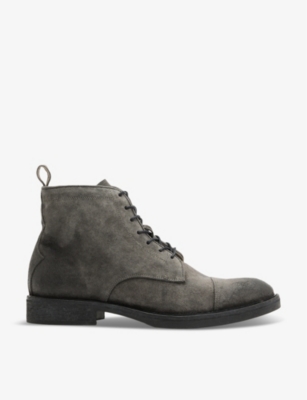 Shop Allsaints Mens Drago Logo-embossed Lace-up Suede Boots Charcoal Grey