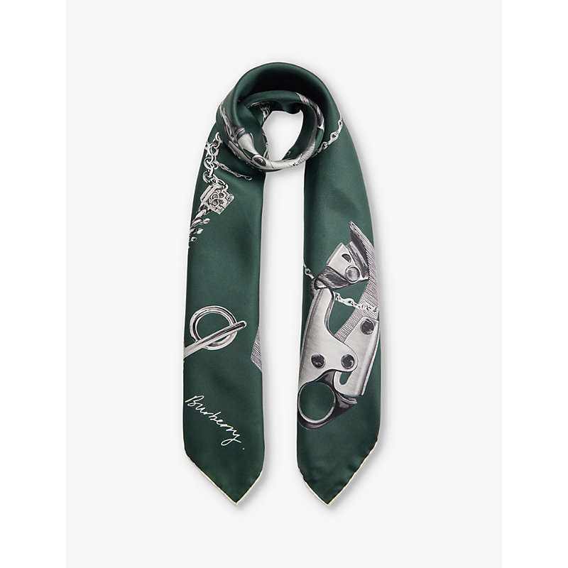 Burberry Womens Forest Green Knight Clip Graphic-print Silk Scarf