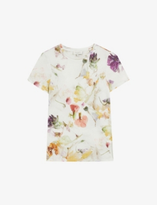 Shop Ted Baker Women's White Treyya Floral-print Short-sleeve Stretch-woven T-shirt