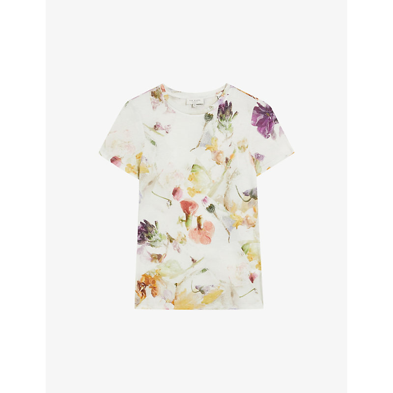 Shop Ted Baker Women's White Treyya Floral-print Short-sleeve Stretch-woven T-shirt