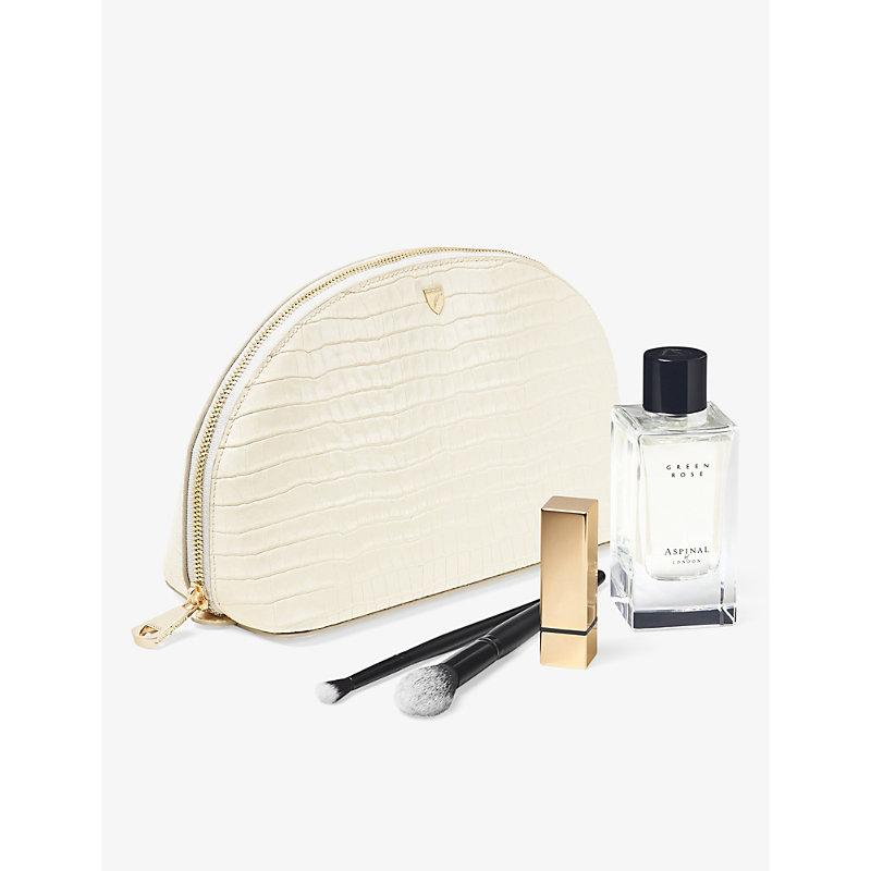 Shop Aspinal Of London Ivory Embossed Large Leather Makeup And Toiletry Bag