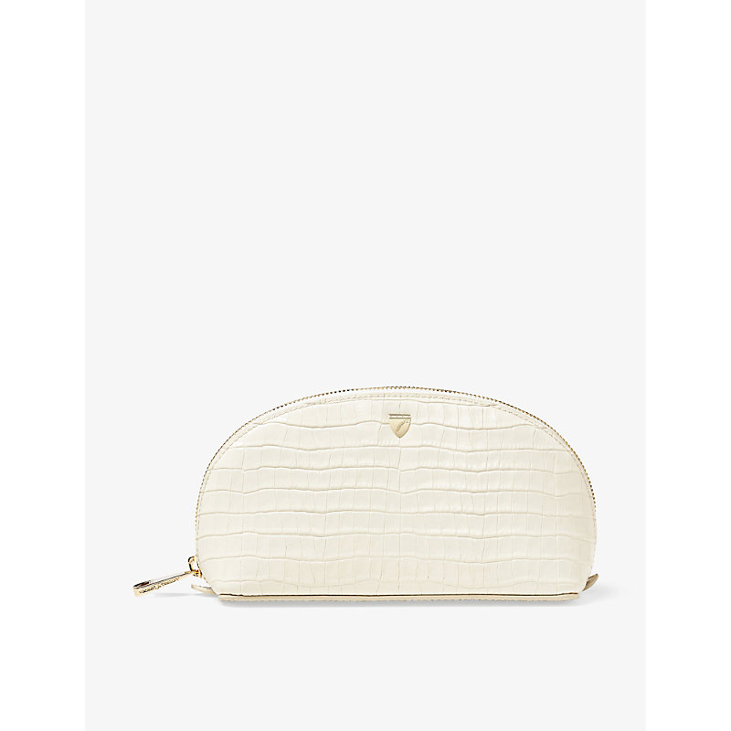 Shop Aspinal Of London Ivory Croc-embossed Small Leather Makeup Bag