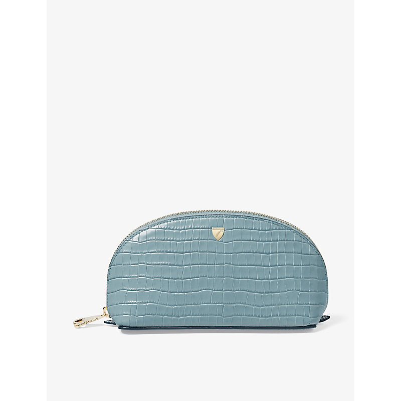 Shop Aspinal Of London Cornflower Croc-embossed Small Leather Makeup Bag
