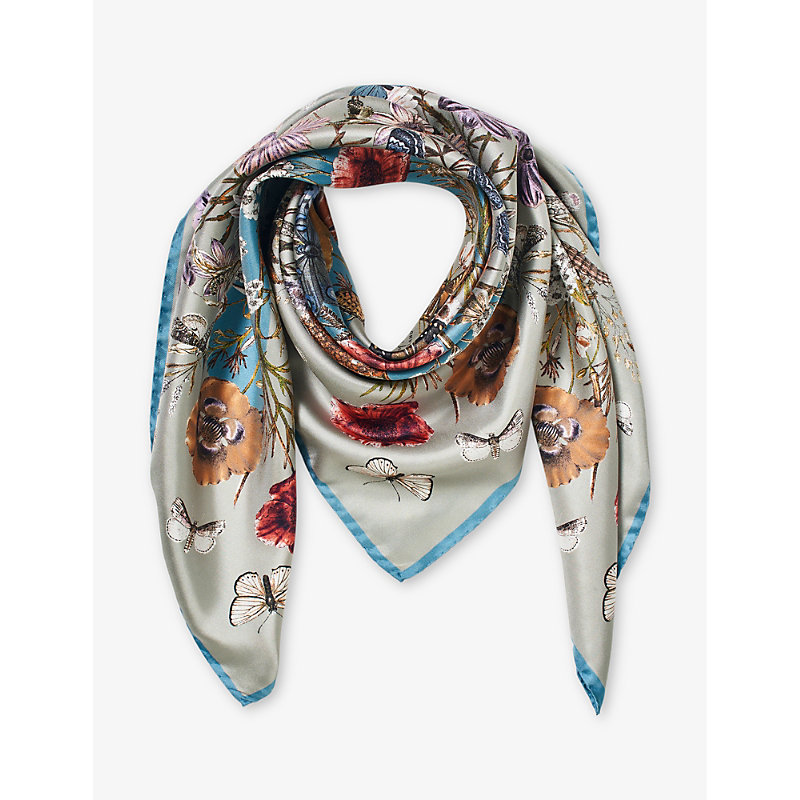 Shop Aspinal Of London Women's Dove Grey Graphic-print Square Silk Scarf