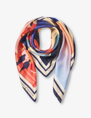 Shop Aspinal Of London Women's Caspianblue Graphic-print Branded Silk Scarf