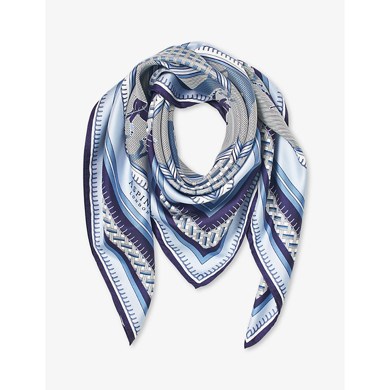 Aspinal Of London Womens Cornflower Horse-print Square Silk Scarf In Blue