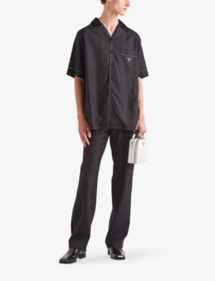 Shop Prada Short-sleeved Brand-plaque Oversized-fit Silk Shirt In Black