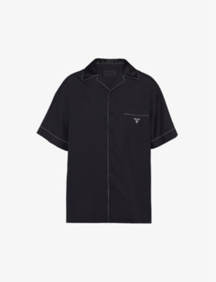 Shop Prada Short-sleeved Brand-plaque Oversized-fit Silk Shirt In Black