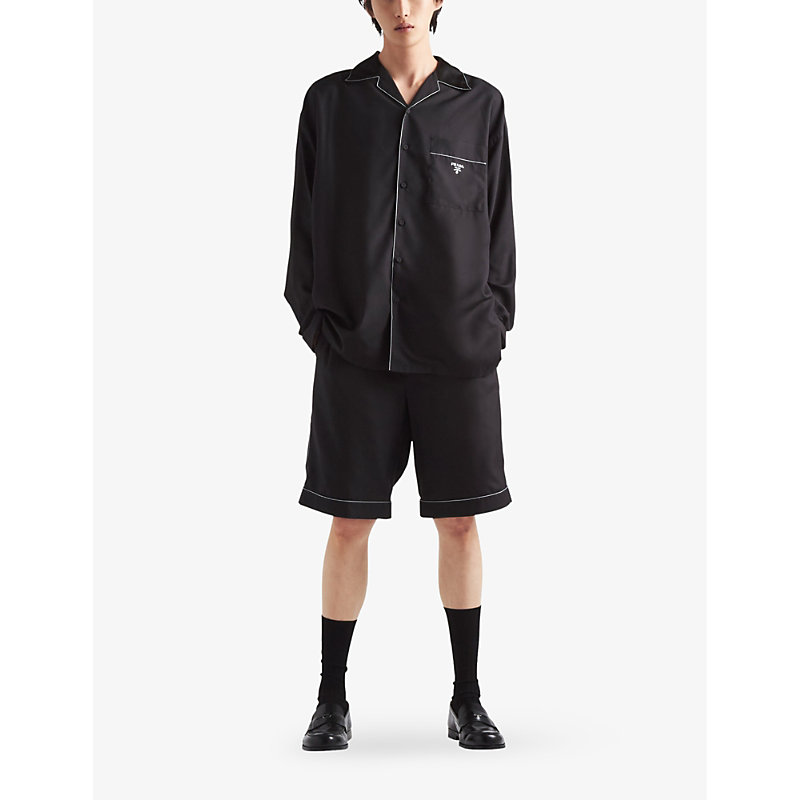 Shop Prada Bermuda Brand-logo Silk Shorts In Black