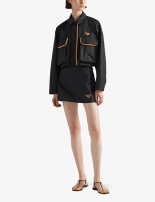 Shop Prada Womens Black Re-nylon Contrast-trim Cropped Jacket