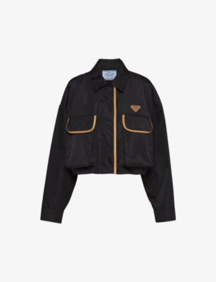 Shop Prada Womens Black Re-nylon Contrast-trim Cropped Jacket