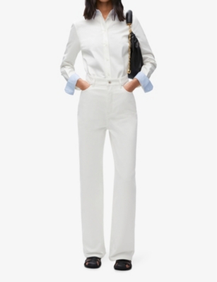 Shop Loewe Womens White Contrast-cuffs Straight-hem Cotton Shirt