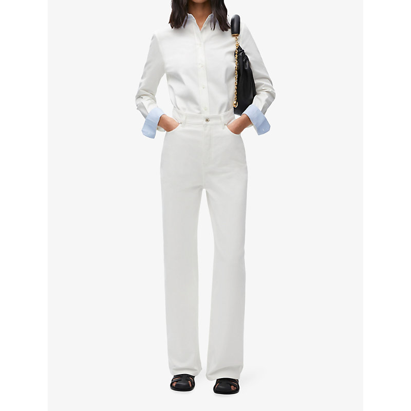 Shop Loewe Women's White Contrast-cuffs Straight-hem Cotton Shirt