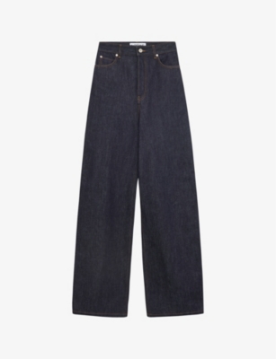 Shop Loewe Women's Raw Denim High-rise Wide-leg Brand-patch Jeans
