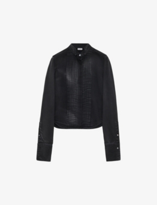 Shop Loewe Women's Washed Black Pleated Wing-collar Denim Shirt