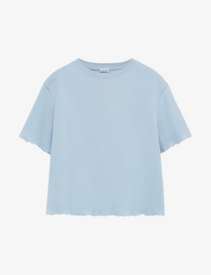 Shop Loewe Women's Pale Blue Anagram-embroidered Raw-hem Cotton-blend T-shirt