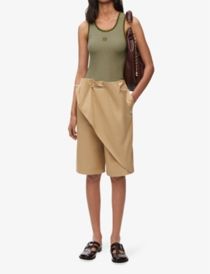 Shop Loewe Anagram-embroidered Scoop-neck Silk-blend Top In Military Green