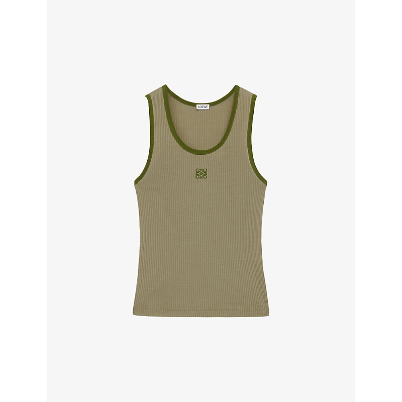 Shop Loewe Womens Military Green Anagram-embroidered Scoop-neck Silk-blend Top
