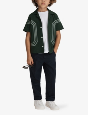Shop Reiss Arlington Stripe-embroidered Short-sleeve Cotton Shirt 3-9 Years In Green