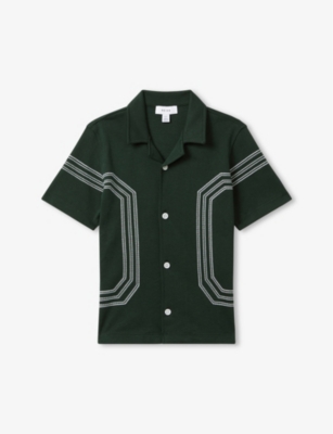 Shop Reiss Arlington Stripe-embroidered Short-sleeve Cotton Shirt 3-9 Years In Green