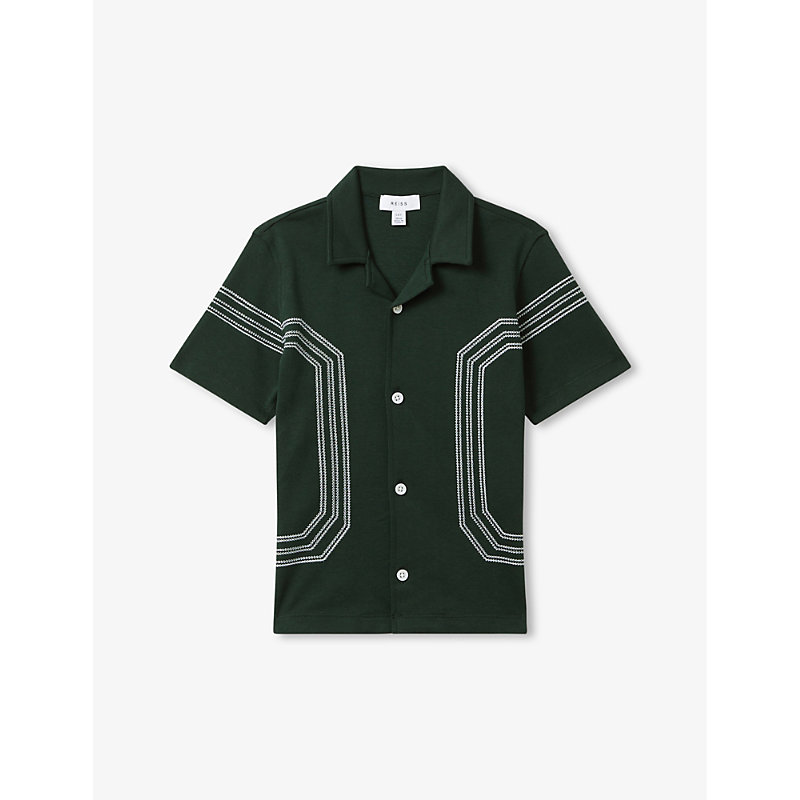 Shop Reiss Boys Green Kids Arlington Stripe-embroidered Short-sleeve Cotton Shirt 3-9 Years