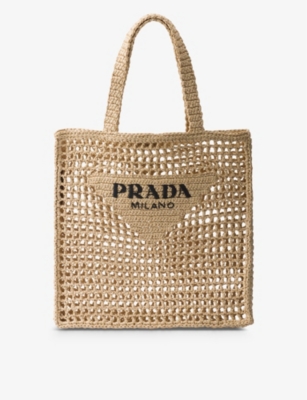 Shop Prada Logo-embroidered Crochet Tote Bag In Neutral