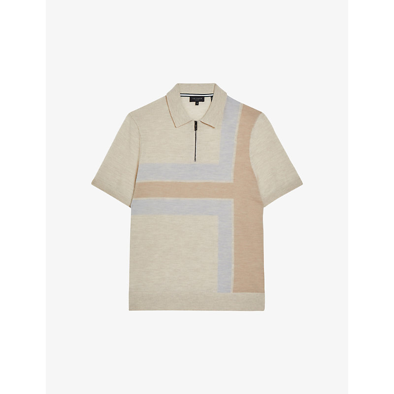 Shop Ted Baker Men's Taupe Ambler Colour-block Wool Polo Shirt
